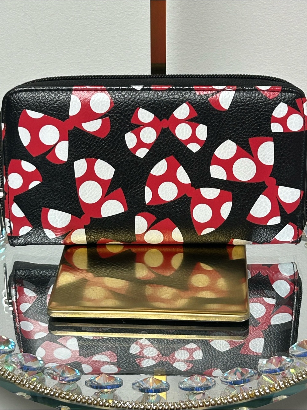 Disney Black Wallet with Red and White Polka Dot Bows Approx. 8 x 4